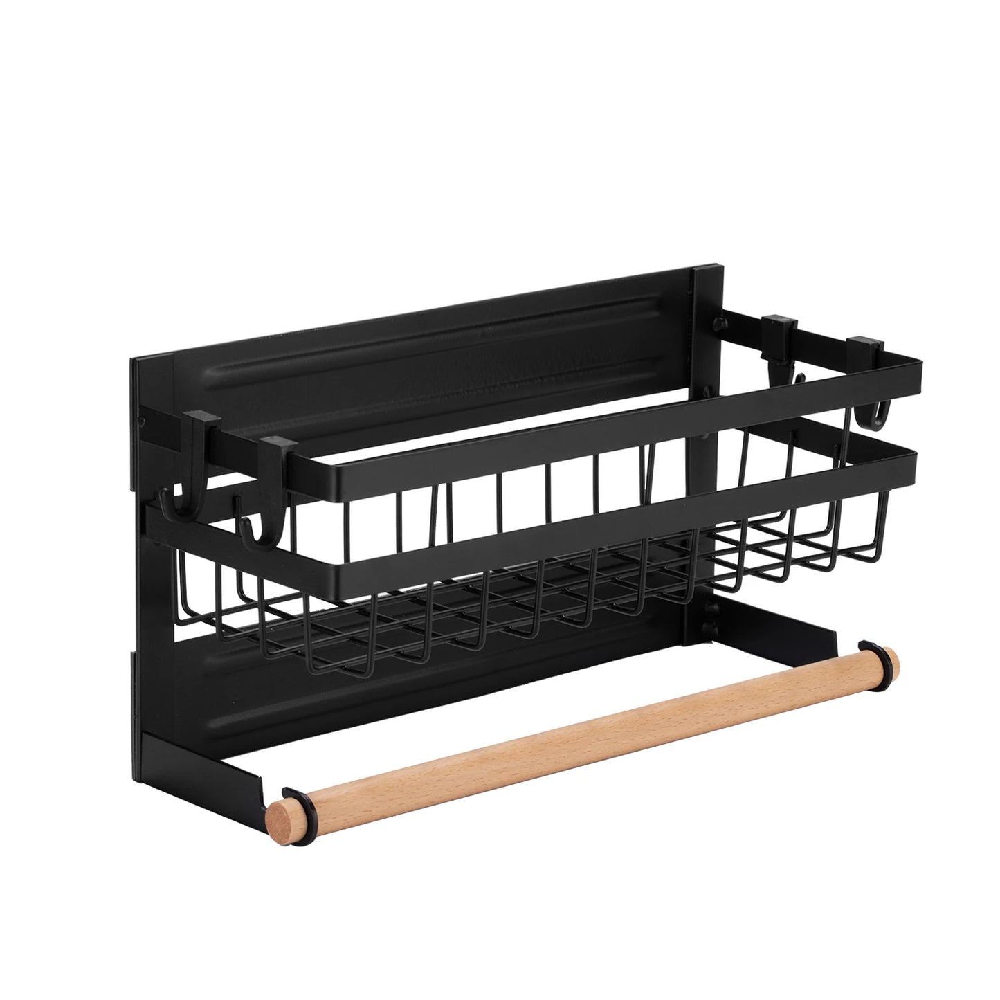 Magnetic Kitchen Storage Rack – 3-in-1 Organizer with Paper Towel Holder & Hooks