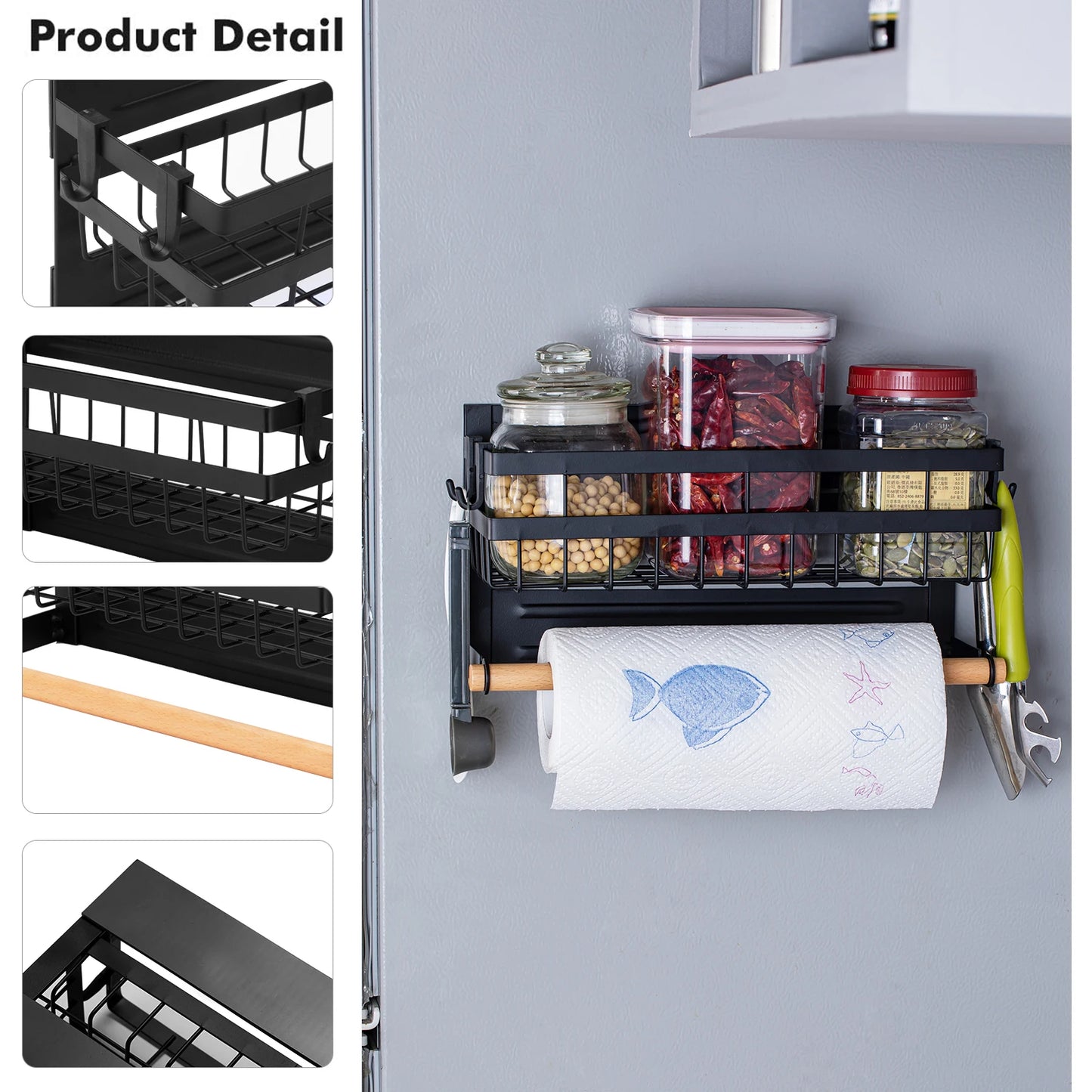 Magnetic Kitchen Storage Rack – 3-in-1 Organizer with Paper Towel Holder & Hooks