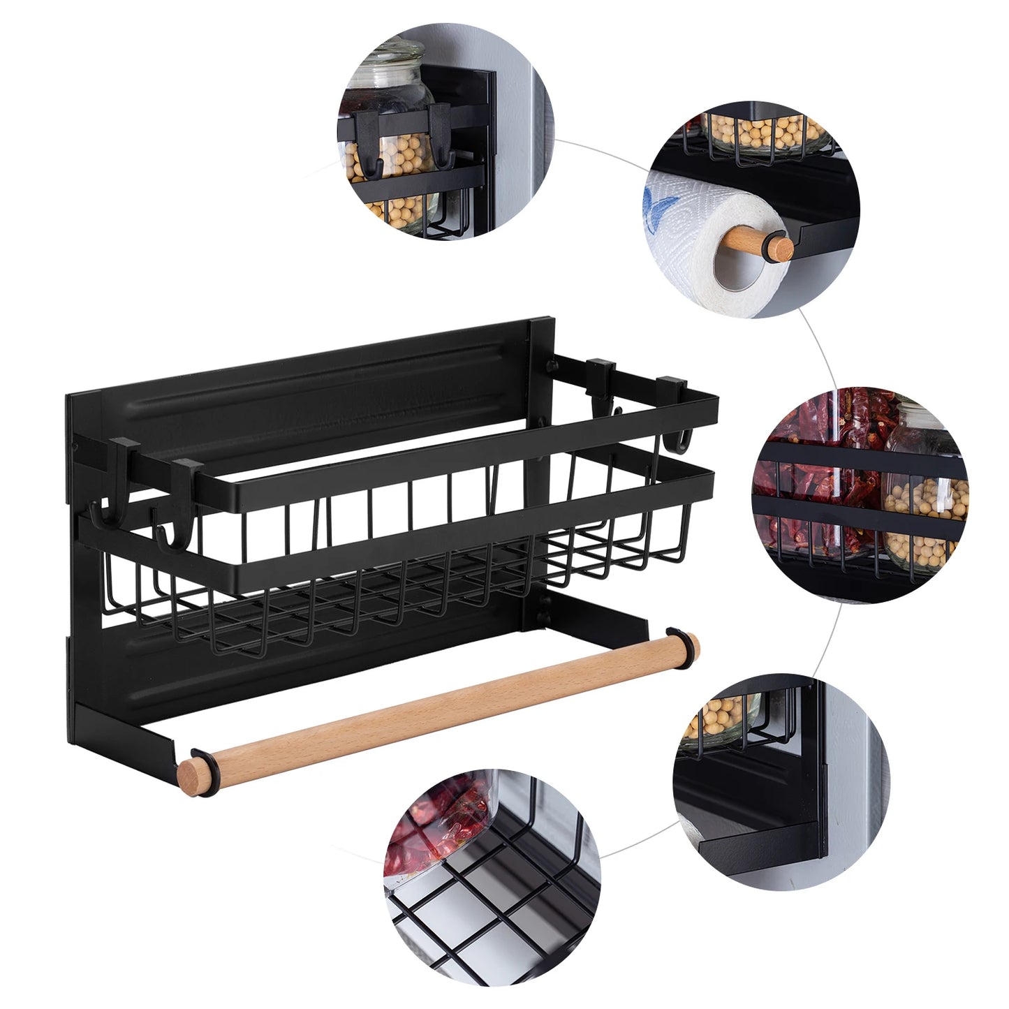 Magnetic Kitchen Storage Rack – 3-in-1 Organizer with Paper Towel Holder & Hooks